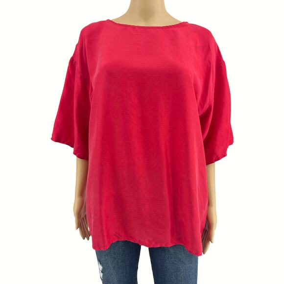 VINTAGE Eclipse LARGE 90's 100% SILK Red Short Sleeve Blouse Top - Picture 1 of 8